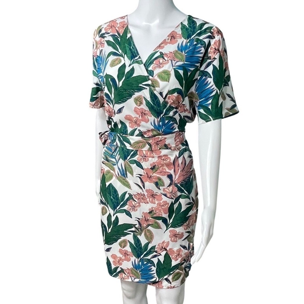 NWT XL Tropical Floral Wrap Island Beach Resort Wedding Guest Dress Short Sleeve